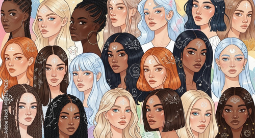Diverse group of women with various hair colors and skin tones.