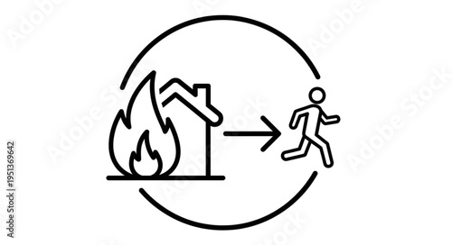 Fire evacuation icon showing a person running from a burning house.