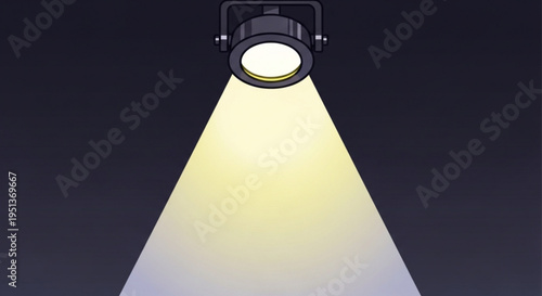 Spotlight shines bright yellow beam of light in dark background highlighting focus and attention