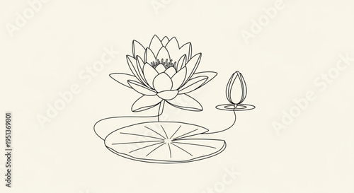 Elegant Botanical Vector Illustration of a Water Lily on Cream Background