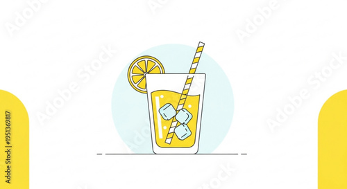 Refreshing glass of orange juice with ice cubes and straw on a white background