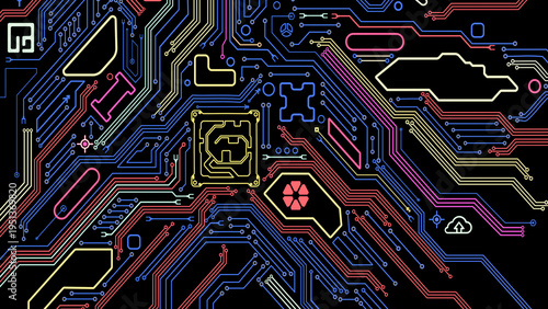 Glowing Electronic Microcircuit Abstract Background. Top view. 3D illustration