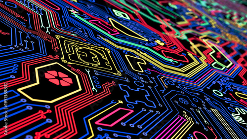 Glowing Electronic Microcircuit Abstract Background with depth of field. 3D illustration	