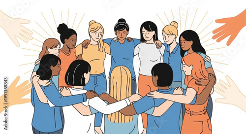 Diverse group of women embracing in unity and support.