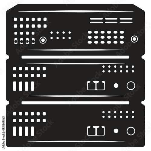 Detailed illustration of three stacked rackmount servers with various indicator lights ports and ventilation holes representing data center equipment technology and IT infrastructure services