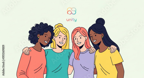 Four diverse young women friends standing together smiling.