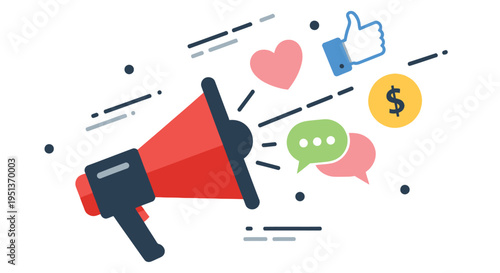 A colorful illustration depicting marketing elements like a megaphone likes and chat bubbles
