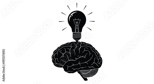 A black and white illustration of a lightbulb integrated within a human brain