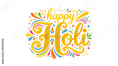 Colorful graphic illustration of Happy Holi text in purple and pink hues on white background with bold font and neon effect