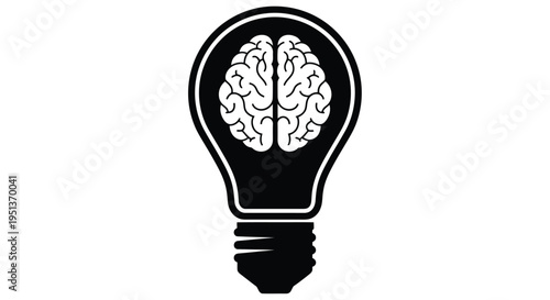 A black silhouette of a lightbulb containing a white brain illustration