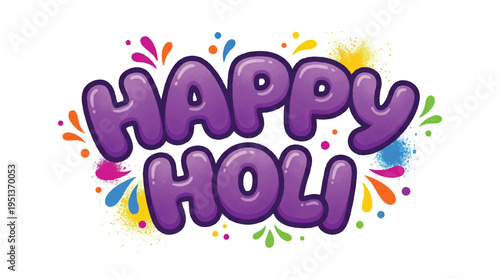 Colorful graphic illustration of Happy Holi text in purple and pink hues on white background with bold font and neon effect