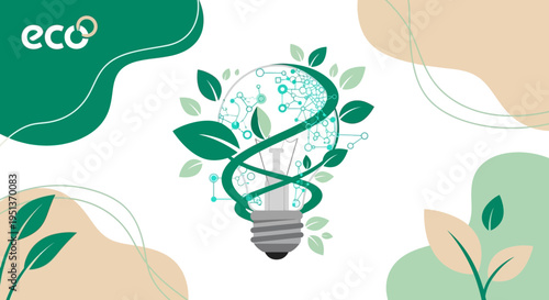 Eco friendly light bulb with green leaves and abstract shapes.