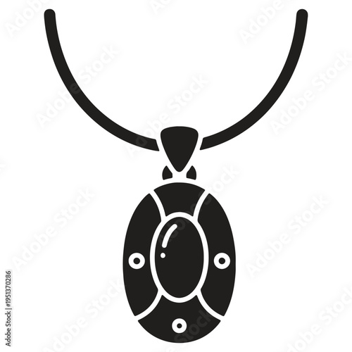 Elegant black silhouette of a precious gemstone pendant necklace featuring a central oval stone surrounded by decorative elements and suspended from a simple cord isolated on a plain background