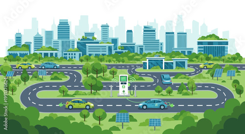 Ecofriendly city with electric cars and solar panels.