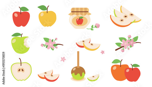 Flat Apple Set – Fruits, Slices, Blossom and Dessert Vector Collection