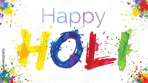 Colorful graphic illustration of Happy Holi text in purple and pink hues on white background with bold font and neon effect