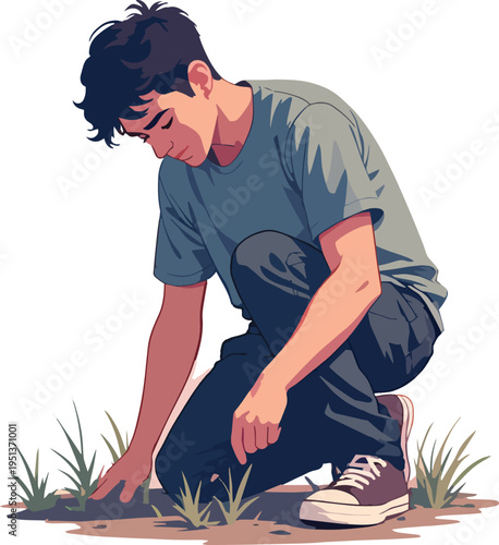 Illustrazione vettoriale di una persona inginocchiata con un ginocchio a terra e sguardo basso. Concetto di riflessione, preghiera, umiltà, rispetto o momento emotivo intenso.