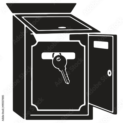 Illustration of a vintage style safe deposit box with key inserted in the keyhole ready for unlocking