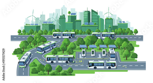 Electric Buses Charging in a Green Futuristic City.