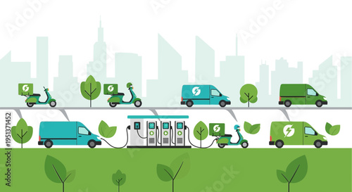 Electric vehicles charging at a futuristic city station.