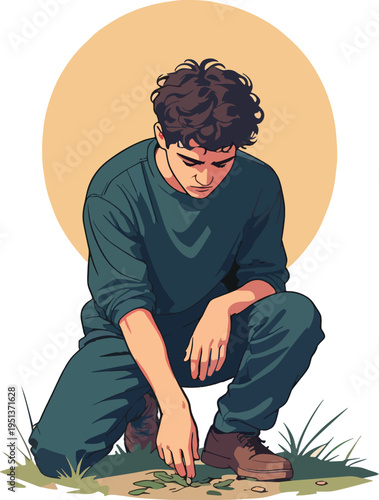 Illustrazione vettoriale di una persona inginocchiata con un ginocchio a terra e sguardo basso. Concetto di riflessione, preghiera, umiltà, rispetto o momento emotivo intenso.