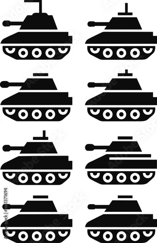 Collection of black military tank icons in grid layout with varied turret designs and barrel positions, perfect for defense, war, and strategy illustrations