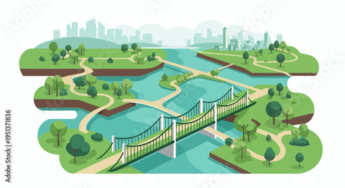 Green City Park with River and Suspension Bridge.