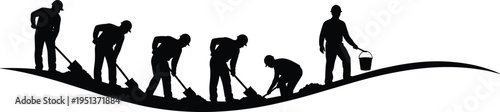 Construction worker silhouette group working with shovels and buckets for manual labor groundworks site preparation road building and industrial infrastructure development project illustration.