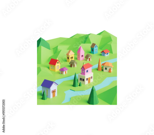 Colorful 3D isometric village landscape with houses, trees, and winding river amidst green hills and mountains