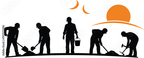 Construction worker silhouette team working at sunset or sunrise with shovels and tools for manual labor industrial building site and professional workforce development concepts.