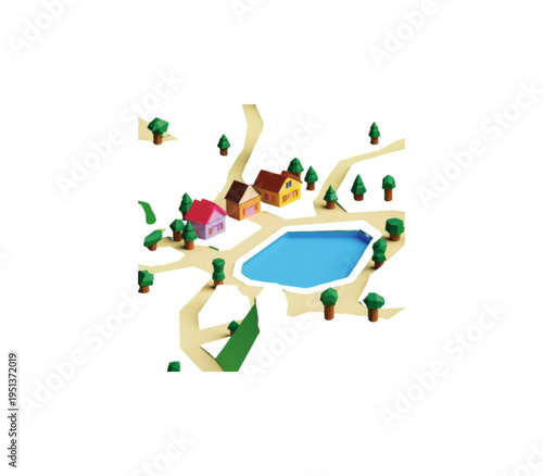 Isometric 3D Cartoon Village with Colorful Houses, Winding Roads, and Lush Green Trees Surrounding a Serene Blue Pond in a Peaceful Natural Setting