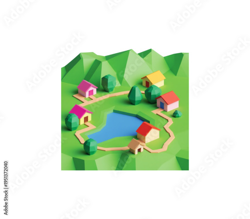 Low Poly 3D Isometric Village Landscape with Colorful Houses, Winding Road, and Serene Lake Surrounded by Lush Green Hills and Trees