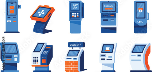 Digital self service kiosk terminal icon set for payment processing information display and automated retail banking transactions in modern flat vector illustration style.