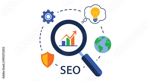 Search engine optimization concept with icons representing growth and global reach