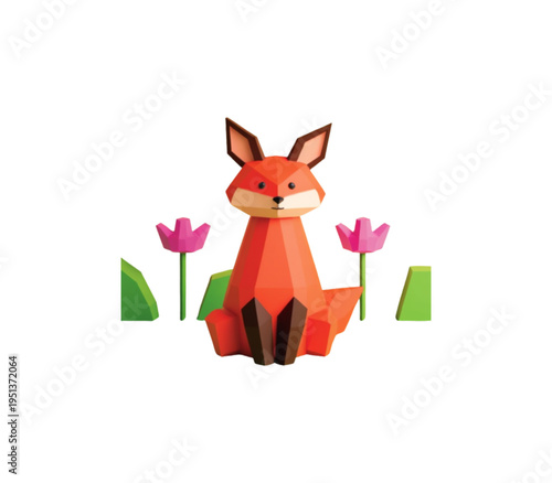 Low Poly Fox Sitting Amidst Pink Flowers in Green Grass with Brown and Orange Fur, Colorful Geometric Animal Illustration
