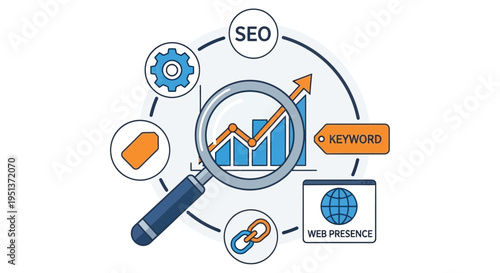 Illustration depicting seo concepts keywords web presence and data analysis