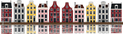 European building reflection, flat vector illustration, colorful canal waterfront architecture, gabled roof ornate facade design, travel urban landscape art