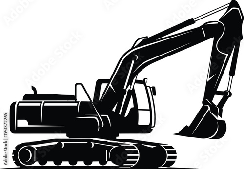 Heavy duty hydraulic excavator silhouette for construction site earthmoving machinery vector illustration isolated on white background for industrial engineering and mining project design.