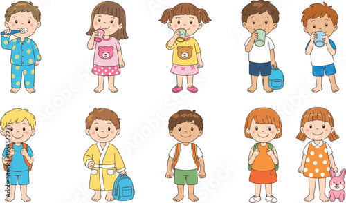 Cartoon children morning routine activities, brushing teeth, drinking, preparing for school with backpacks, cheerful expressions, colorful clothing vector illustration design.