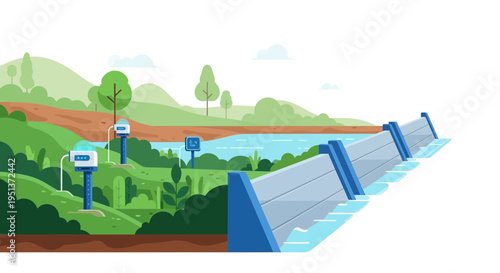 Modern Dam Structure with Environmental Monitoring Stations.
