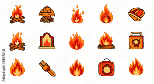Collection of various fire and flame icons, including campfires, fireplaces, burning logs, and heat symbols, perfect for web and app design.