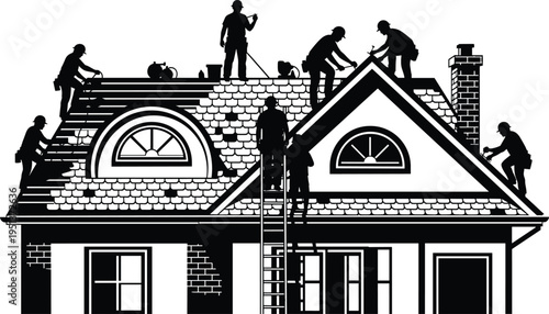 Professional roofing contractor silhouette working on house roof installation with shingles, hammers, and ladders for home renovation, residential construction, and building maintenance 