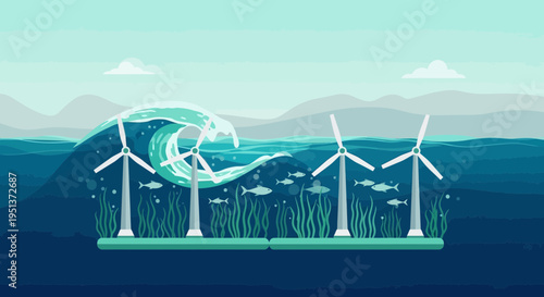 Offshore Wind Turbines Generating Clean Energy in Ocean Waves.