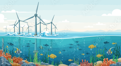 Offshore Wind Turbines Generating Clean Energy Above Underwater Marine Life.