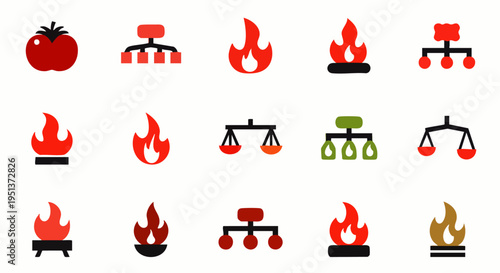 Collection of diverse flat design icons featuring various fire flames, a vibrant red tomato, organizational charts, and classic balance scales, ideal for web and app interfaces.