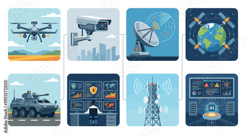 Modern Security and Surveillance Technology Illustration Featuring Drones, CCTV Cameras, Satellites, Military Vehicles, Data Centers, and AI Monitoring Systems.