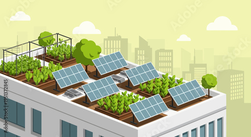 Rooftop garden with solar panels on building.