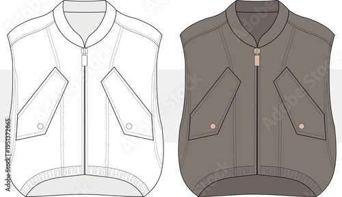 Unisex sleeveless jacket with pocket and zipper detail fashion technical drawing illustration. Vest, waistcoat vector Front view. Cad, Mockup Set.