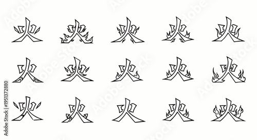 Set of stylized Chinese character for 'fire' with flame elements. Vector graphic icons for Asian culture, typography, and design projects.