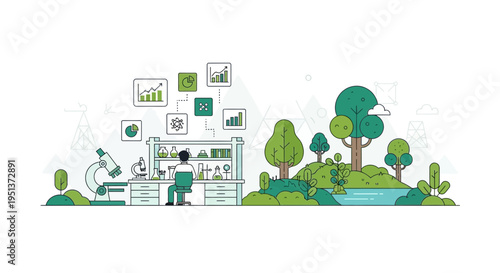 Scientist conducting research in a modern laboratory with nature elements.